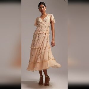 ASOS DESIGN Bridesmaid Flutter Sleeve Embellished Wrap Dress with Embroidery